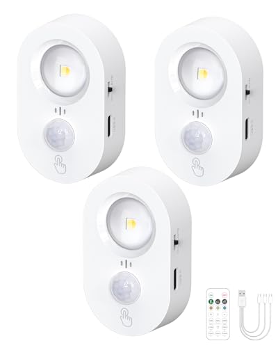 Yiliaw USB Bewegungsmelder Led Spot Akku Innen, Kleine wiederaufladbare Unterbauleuchten, Dimmbares Warmweißes Schranklicht, Klebendes kabelloses Nachtlicht für Schublade, Küche, Weiß (3er Pack) von Yiliaw