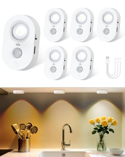 Yiliaw USB Bewegungsmelder Led Spot Akku Innen, Kleine wiederaufladbare Unterbauleuchten, Dimmbares Warmweißes Schranklicht, Klebendes kabelloses Nachtlicht für Schublade, Küche, Weiß (6er Pack) von Yiliaw