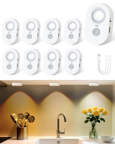 Yiliaw USB Bewegungsmelder Led Spot Akku Innen, Kleine wiederaufladbare Unterbauleuchten, Dimmbares Warmweißes Schranklicht, Klebendes kabelloses Nachtlicht für Schublade, Küche, Weiß (9er Pack) von Yiliaw