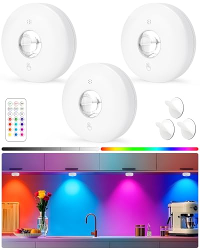 Yiliaw LED-Pucklichter mit Fernbedienung, magnetische AAA-betriebene Leuchten, Unterbauleuchten, Tippleuchten mit Dimmer & Timer für Küche, Schrank, Regal – 3er-Pack, Weiß von Yiliaw
