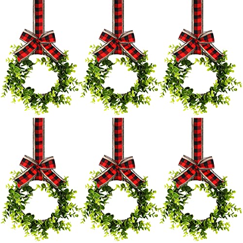 6 Stück Weihnachts-Küchenschrank-Kränze, dekorative Buchsbaum-Kränze mit Band, künstlicher Grünkranz, kleine Bauernhaus-Kränze für die Küche, 53 x 22 cm (Dual Rot, Schwarz, kariert mit Leinen) von Yilloog