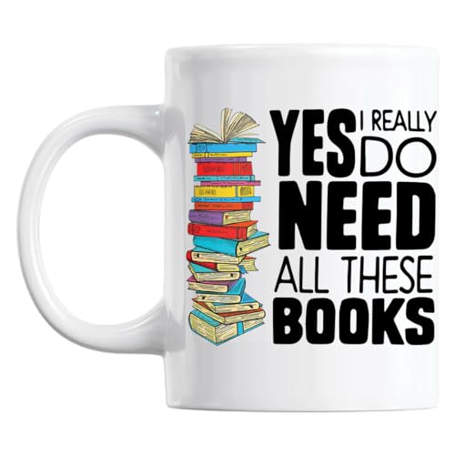 Yilooom Buchliebhaber-Tasse, Geschenk, Bibliothekstasse, Bücherwurm-Tasse, "Yes I Really Do Need All These Books" von Yilooom