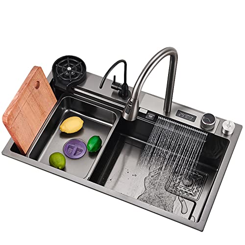 Single Bowl Küchenspüle,Wasserfall Bar Spüle,304 Spülbecken Edelstahl Spüle,Haushaltsspüle Set,Integrierte Spüle mit Abnehmbaren Wasserhahn (80×46×21cm) von YilwnnCse
