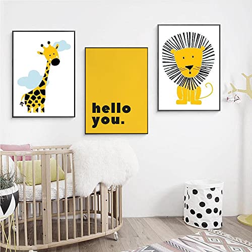 Cartoon Tier Poster Gelber Löwe Giraffe Kindergarten Leinwand Malerei Wandkunst Bilder Für Baby Zimmer Dekoration Niedlichen Raumdekor 16"X24"X3Panels von Yimesoy