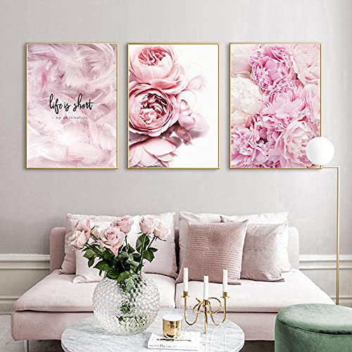 Yimesoy Nordic Pink Pfingstrose Rose Blumen Leinwand Gemälde Poster Drucke Wandkunst Bilder Für Wohnzimmer Wohnkultur A 20"X28"X3Panels von Yimesoy