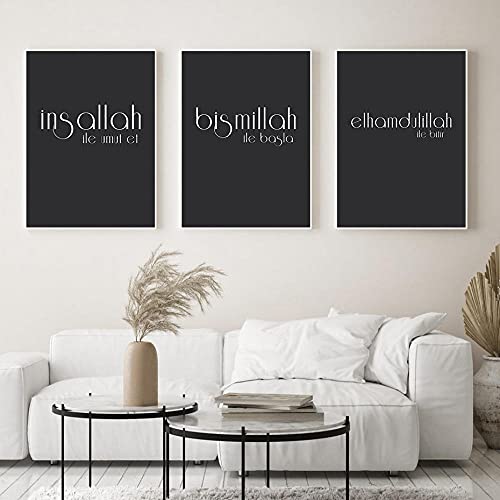 Yimesoy Schwarz Silber Islamische Insallah Leinwand Malerei Beginnen Mit Bismillah Wandkunstdrucke Bilder Poster Für Wohnzimmer Wohnkultur 16"X24"X3Pcs von Yimesoy