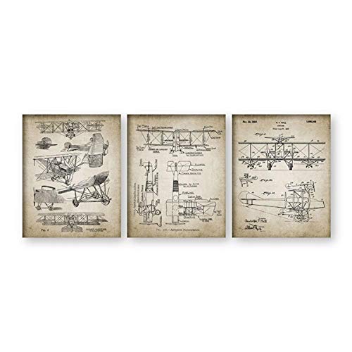 Yimesoy Vintage Doppeldecker Flugzeuge Patent Blueprint Poster Und Print Aviation 3 Stück Wandbilder Leinwand Malerei Für Wohnzimmer Home Decor 24"X32"X3Pcs von Yimesoy