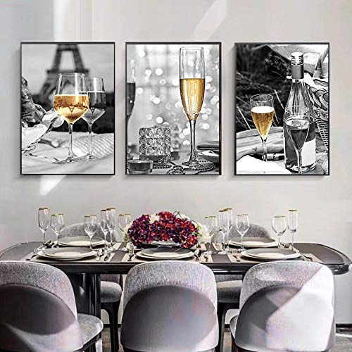 Yimesoy Wandkunst Drucke Und Poster Gelb Champagner Rotwein Und Flasche Küchenturm 3 Stück Leinwand Malerei Bilder Für Esszimmer Dekor 16"X24"X3Pcs von Yimesoy