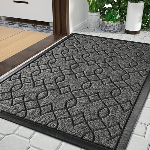 Yimobra Fussmatte Aussen, Waschbar Wetterfest, 92 x 61 cm, Robuste und Wasserabsorbierende, Schmutzresistente Fußmatten, Mit Rutschfester Rückseite Fußmatte Gummi, Schwarz Grau von Yimobra