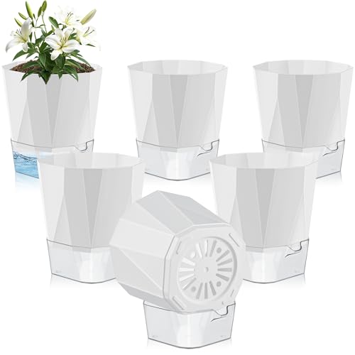 Yimomoyi 6er Set Kräutertöpfe Küche Selbstbewässernd, 17cm Blumentopf mit Bewässerungssystem, Selbstbewässerungstopf Groß mit Transparente Wasserspeicher, Basilikum Topf, Übertopf Set, Weiß von Yimomoyi