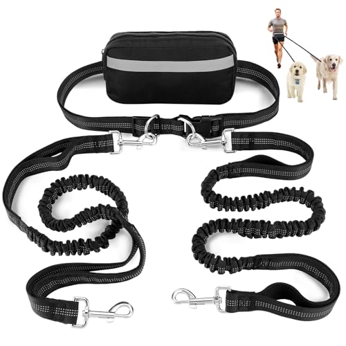 Yimomoyi Doppelleine Für 2 Hunde, Joggingleine für 2 Hunde Mit Bauchgurt, Freihandleine für mittelgroße große Hund, mit Reflektierend Elastisch Laufleine und Dual Griffe zum Joggen Walken von Yimomoyi