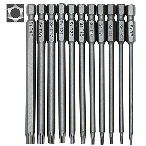 11 Stück Torx lang Schraubendreher Bit Set 1/4" Magnetisch Sternenkopf Schraubenziehe Set T6-T40 100mm Lang Sechskant Schaft Elektrische Torx Bits Satz Werkzeuge (11 pcs) von Yimorex