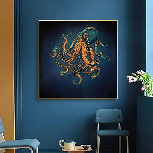 Druck auf Leinwand Abstraktes Ozeantier Poster Oktopus Tintenfisch Leinwand Wandkunst Bild für Wohnzimmer Heimdekoration 60x60cm rahmenlos von Yinaa Decor