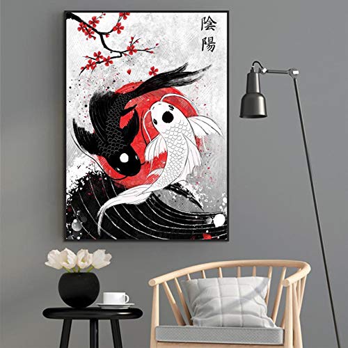 Leinwand-Wandkunstdrucke Koi Fish Poster Yin Yang Modern Home Sofa Background Wall Decor Artwork Gemälde 70x50cm rahmenlos von Yinaa Decor