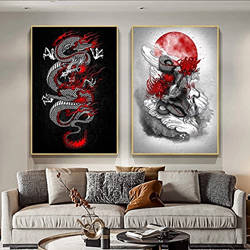 Chinesischer fliegender Drache Tengyun reitet im Nebel Leinwand Gemälde Poster und Drucke Bilder für Wohnzimmerdekoration 60x90cmx2pcs rahmenlos von Yinaa