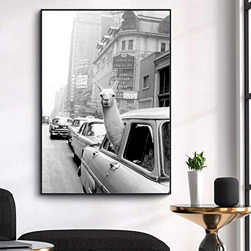 Tier Lustiges Alpaka Poster Lama in einem New York City Taxi Retro Leinwand Gemälde Bild für Esszimmer Dekor 60x90cmx1pcs rahmenlos von Yinaa