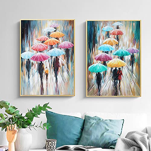 Yinaa Abstrakter Regenbogen Regenschirm Im Regen Leinwand Gemälde Straßenlandschaft Poster und Drucke Wandbilder Wohnkultur-50x70cmx2 Kein Rahmen von Yinaa