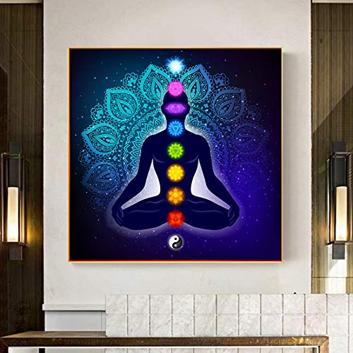 Yinaa Leinwand Kunst Gemälde Indian Buddha Meditation 7 Chakra Yoga Sport Wandbilder für Wohnzimmer Schlafzimmer Dekor Poster 50x50cmx1pcs Rahmenlos von Yinaa
