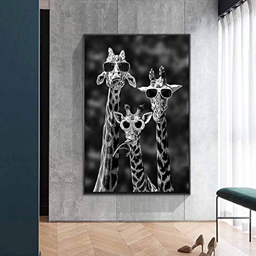 Yinaa Lustige Leinwand Gemälde Giraffen mit Sonnenbrille Schwarz Weiß Tiere Poster Drucke Wandkunst Bild Wohnzimmer Dekor 50x70cmx1pcs Innenrahmen von Yinaa