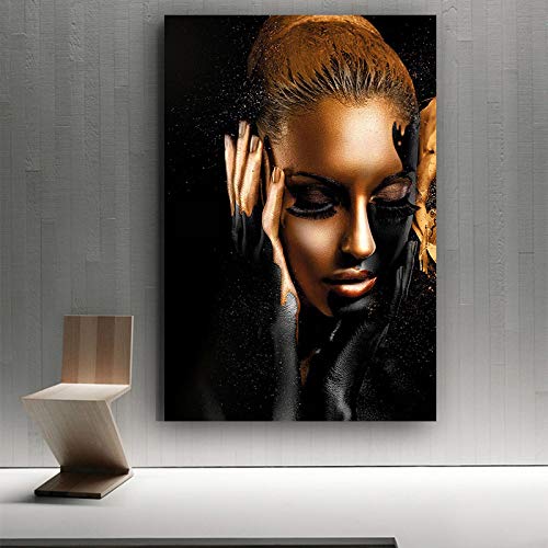 Yinaa Malerei auf Leinwand schwarz gold afrikanische Frau Porträt Poster und gedruckte skandinavische Wandbild Dekoration 60x80cmx1 Innenrahmen von Yinaa