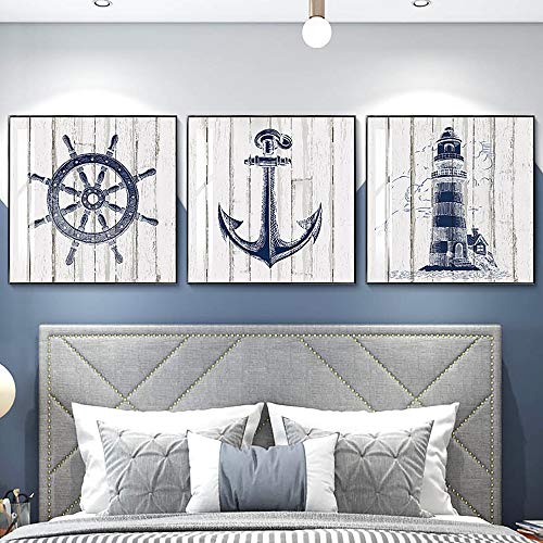Yinaa Nautische Wandkunst Leinwand Gemälde Navy Bilder Anker Kompass Leuchtturm HD Poster Print Mediterran Boy Room Home Decor 40x60cmx3pcs rahmenlos von Yinaa