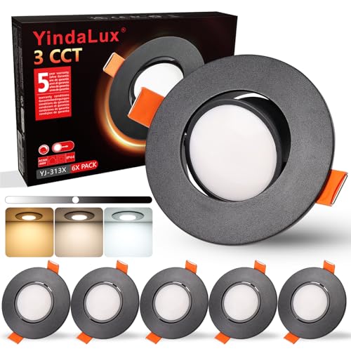 YindaLux Einbaustrahler LED 230V Dimmbar Schwenkbar Einbauspots 5W IP44 LED Spot 68-80mm lochmass Deckenspots Warmweiß Neutralweiß Kaltweiß Einbauleuchten für Badezimmer Wohnzimmer Schwarz 6er Set von YindaLux