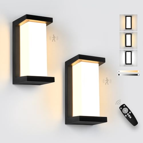 YindaLux 18W Aussenlampe mit Bewegungsmelder, LED Schwarz Wandleuchte Aussen mit Fernbedienung, IP65 Wasserdichte Modern Wandlampe Innen/Außen, 3000-6500K Dimmbar Außenleuchte für Garten, 2 Stück von YindaLux