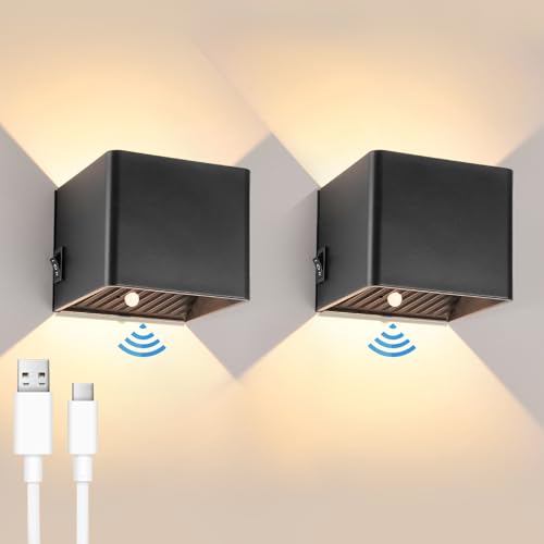 YindaLux 2 Stück 3000mAh Akku Wandleuchte mit Bewegungsmelder Innen, 5W 2700K Wandleuchte ohne stromanschluss, USB Aufladbare kabellose Wandlampe mit schalter für Flur Schlafzimmer Wohnzimmer,Schwarz von YindaLux
