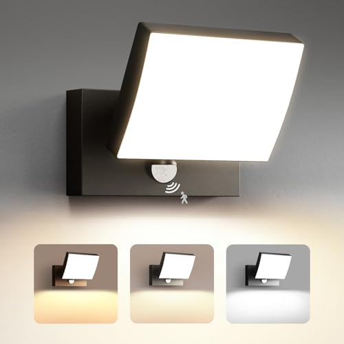 YindaLux 24W LED Aussenlampe mit Bewegungsmelder, IP65 Wasserdicht 3CCT Außenwandleuchte, Aluminium Wandleuchte Innen Außen mit Schwenkbar LED Panel, Modern Außenlampe für Garten, Garage, Schwarz von YindaLux