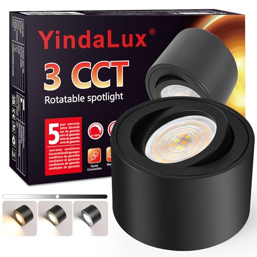 YindaLux 3CCT LED Aufbauspot extra flach Schwarz, Ø80x50mm Deckenspots inkl. 5W Dimmbar LED Modul Aufbaustrahler 30° schwenkbar Aluminium Deckenleuchte 230V, Aufbauleuchte, Aufputz Deckenstrahler von YindaLux