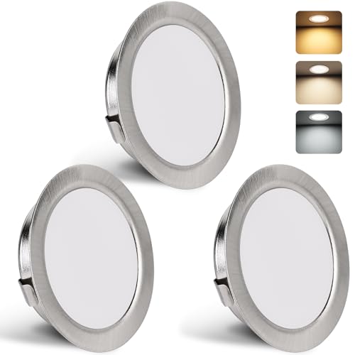 YindaLux 3er Set LED Einbaustrahler 230V 3W 3000K Warmweiß 4000K Neutralweiß 6000K Kaltweiß, LED Spot Ultra Flach 300LM Bohrloch 55-58mm und 15mm Flache, IP44 Möbeleinbauleuchte Einbauspots, Nickel von YindaLux