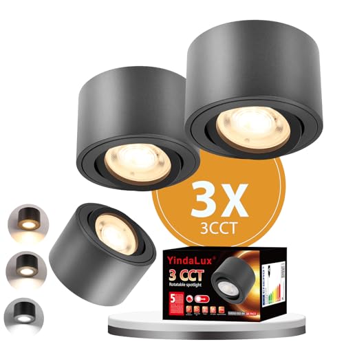 YindaLux 3x 3CCT LED Aufbauspots Schwarz - Extra Flach & 30° Schwenkbar Deckenleuchte - Ø80x50mm - Inkl. 5W 500LM Dimmbar Modul 230V - Deckenstrahler Aufbaustrahler von YindaLux