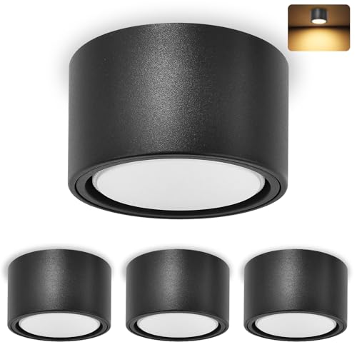 YindaLux 4x LED Aufbauspot Schwarz Matt Aufbaustrahler inkl. 6W 660LM Warmweiß Aufputz 230V GX53 LED als Aufbauleuchte, Deckenspots, Spots Deckenleuchte, Deckenstrahler Aluminium Rund Ø95x55mm von YindaLux