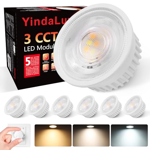 YindaLux 6er Set 3CCT LED Modul 230V - Ultra Flach ø50*23mm für Einbaustrahler - 5W 500LM 38° Abstrahlwinkel - 3000K/4000K/6000K Dimmbar - Ersetzt GU10 MR16 Leuchtmittel - IP44 Wasserdicht YindaLux 6er Set 3CCT LED Modul 230V - Ultra Flach ø50*23mm für Einbaustrahler - 5W 500LM 38° Abstrahlwinkel - 3000K/4000K/6000K Dimmbar - Ersetzt GU10 MR16 Leuchtmittel - IP44 Wasserdicht von YindaLux