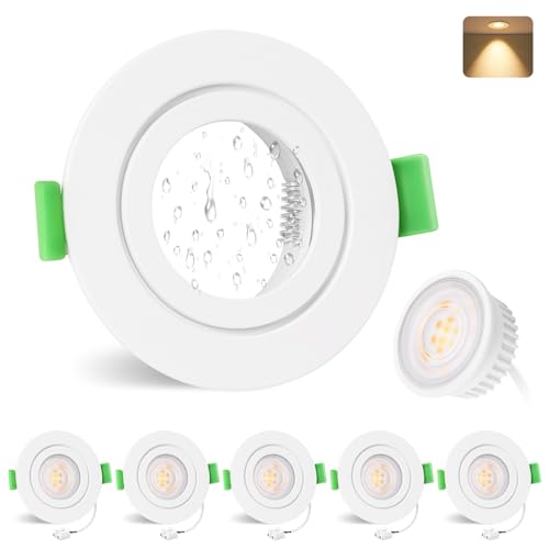 YindaLux 6er Set Einbaustrahler GU10 Rahmen IP65 inkl 5W LED Modul 2700K, LED Einbaustrahler 230V Matt Weiß Deckenspots Rund Flach Einbauleuchten Spots 68mm lochmass für Aussen- Innen, Nicht dimmbar von YindaLux