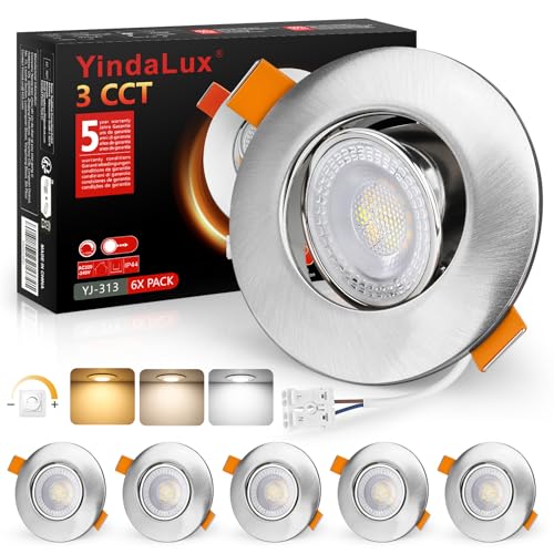 YindaLux LED Einbaustrahler 230V Dimmbar 45° Schwenkbar LED Spots 5W IP44 Deckenspots 68-80mm Lochmass 3000K/4000K/6000K Einbauspots Einbauleuchten für Badezimmer Küche Wohnzimmer Nickel 6er Set von YindaLux