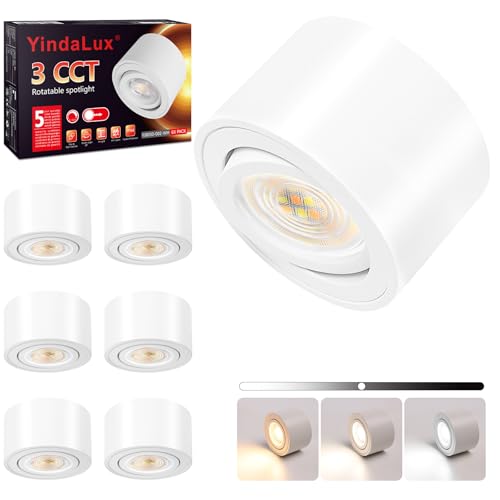YindaLux 6x 3CCT LED Aufbauspots Dimmbar Extra Flach, Ø80x50mm Deckenspots Weiß inkl. 5W 3000K/4000K/6500K LED Modul Aufbaustrahler 30° Schwenkbar Aluminium Aufputz 230V, Aufbauleuchte von YindaLux