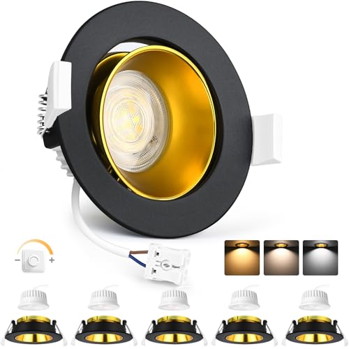 YindaLux 6x LED Einbaustrahler 230V Dimmbar 5W Einbauspots Schwenkbar 3000K/4000K/6500K LED Spot 75-80mm Lochmass Deckenspots IP44 Einbauleuchten Schwarz Gold matt Alu für Badezimmer Wohnzimmer von YindaLux