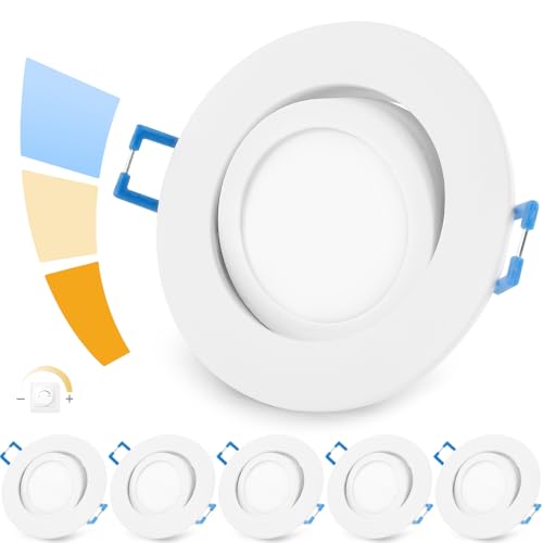 YindaLux LED Einbaustrahler 230V Dimmbar Flach Spot 5W IP44 3CCT Einbauspots Mit Abnehmbarem LED Modul Warmweiß Neutralweiß Kaltweiß Einbauleuchten 68-80mm Lochmaß Weiß für Badezimmer Küche 6er Set von YindaLux