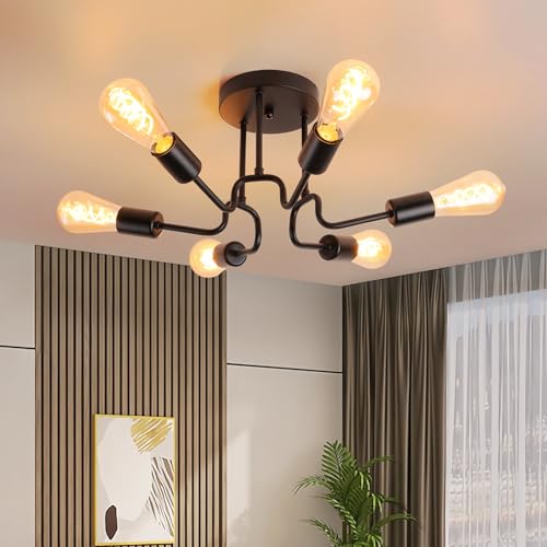 YindaLux Deckenlampe Schwarz 6 Flammig - Lampe Wohnzimmer E27, Max 40W, Vintage Deckenleuchte Retro Wohnzimmerlampe für Schlafzimmer Esszimmer Flurlampe Hängelampe, ohne Leuchtmittel von YindaLux