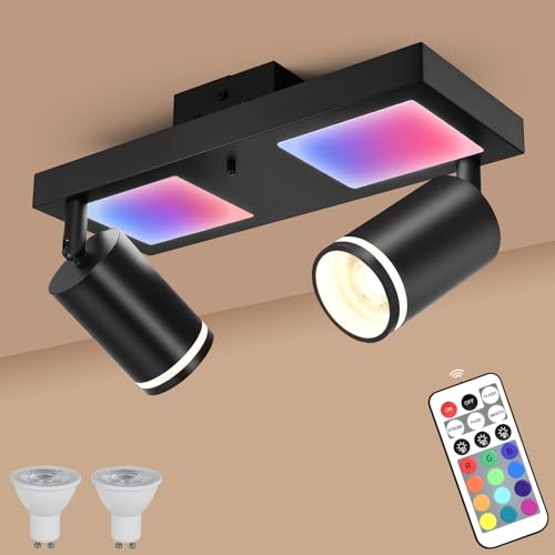 YindaLux Deckenstrahler LED Dimmbar mit Fernbedienung, RGB Farbwechsel 17W 2300LM Deckenlampe Strahler Schwenkbar, Schwarz Deckenleuchte 2 Flammig mit Unteres Glühen 7W+2x5W GU10 Spot für Wohnzimmer von YindaLux