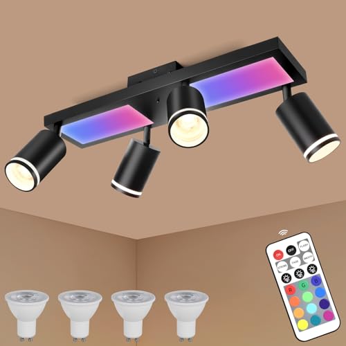 YindaLux Deckenstrahler LED Dimmbar mit Fernbedienung, RGB Farbwechsel 30W 3600LM Deckenlampe Strahler Schwenkbar, Schwarz Deckenleuchte 4 Flammig mit Unteres Glühen 10W+4x5W GU10 Spot für Wohnzimmer von YindaLux
