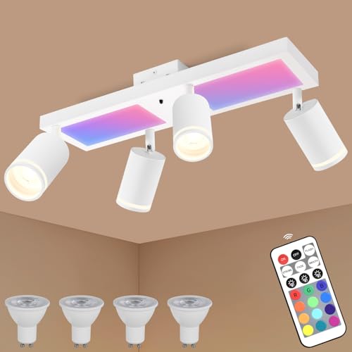 YindaLux Deckenstrahler LED Dimmbar mit Fernbedienung, RGB Farbwechsel 30W 3600LM Deckenlampe Strahler Schwenkbar, Weiß Deckenleuchte 4 Flammig mit Unteres Glühen 10W+4x5W GU10 Spot für Wohnzimmer von YindaLux