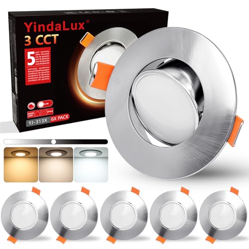 YindaLux LED Einbaustrahler 230V Dimmbar Schwenkbar Einbauspots 5W IP44 LED Spot 68-80mm Lochmaß Deckenspots Warmweiß Neutralweiß Kaltweiß Einbauleuchten für Badezimmer Wohnzimmer Küche Nickel 6er Set von YindaLux