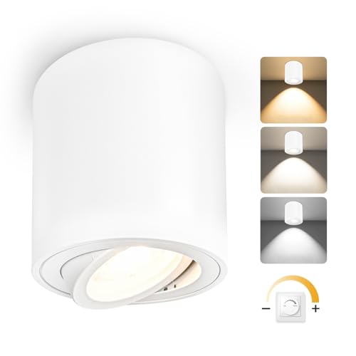 YindaLux LED Aufbauspot Dimmbar 30° Schwenkbar Ø80x84mm Deckenspot Weiß, inkl. 5W 500LM LED Modul 230V, 3000K/4000K/6500K, Aluminium Aufputz Spots Modern Aufbaustrahler Aufbauleuchte Rund 1 Stück von YindaLux