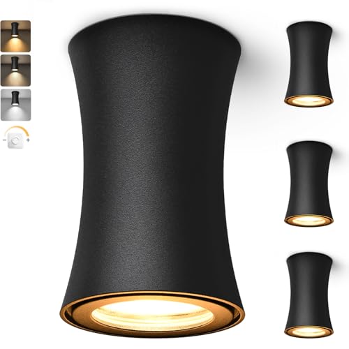 YindaLux LED Aufbauspot Schwarz, IP44 Aufbaustrahler Dimmbar 3000K/4000K/6500K, Ø64x100mm Deckenspots Aufputz Spots inkl. 5W 550LM Modul 230V, LED Aufbauleuchte Flach aus Aluminium 4 Stück von YindaLux