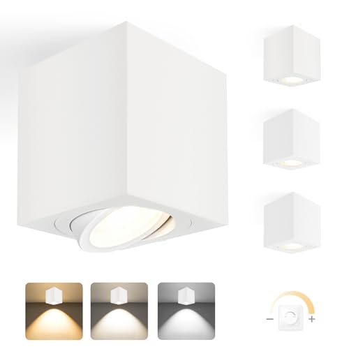 YindaLux LED Aufbauspots Dimmbar 30° Schwenkbar Ø80x84mm Deckenspots Weiß, inkl. 5W 500LM LED Modul 230V, 3000K/4000K/6500K, Aluminium Aufputz Spots Modern Aufbaustrahler Aufbauleuchte Eckig 4 Stück von YindaLux