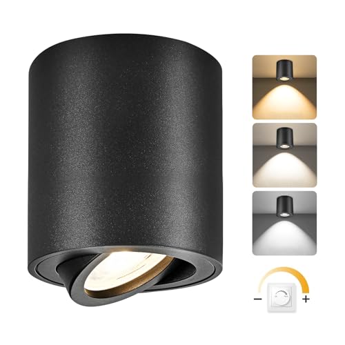 YindaLux LED Aufbauspots Schwarz 30° Schwenkbar Ø80x84mm Deckenspots Dimmbar, inkl. 5W 500LM LED Modul 230V, 3000K/4000K/6500K, Aluminium Aufputz Spots Modern Aufbaustrahler Aufbauleuchte Rund 1 Stück von YindaLux
