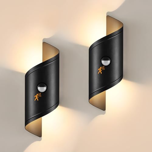 YindaLux LED Aussenlampe mit Bewegungsmelder, 14W 2 Stücke Wandleuchten Innen/Außen, IP65 Wasserdichte Up Down Außenleuchte 3000K Warmweiß, Modern Aluminium Außenwandleuchte für Balkon, Schwarz von YindaLux