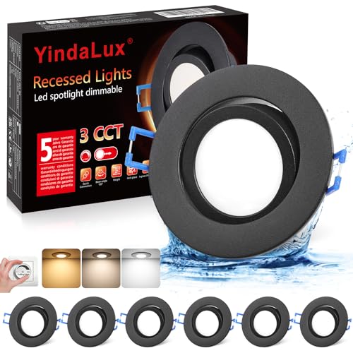 YindaLux LED Einbaustrahler 230V Flach, LED Spots 5W Dimmbar 68mm, IP44 Drehbarer Deckenspots, 3000K/4000K/6500K, Spots Deckenleuchte für Badezimmer Küche Wohnzimmer, Schwarz 6er Set von YindaLux